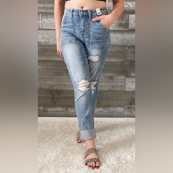 Judy Blue - Womens High Waist Patch Pocket and Destroy Boyfriend